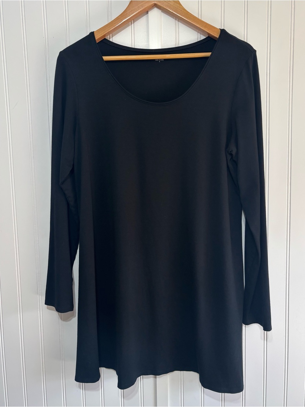 Eileen Fisher Black Scoop Neck Jersey Tunic Top Long Sleeve Size L Minimalist